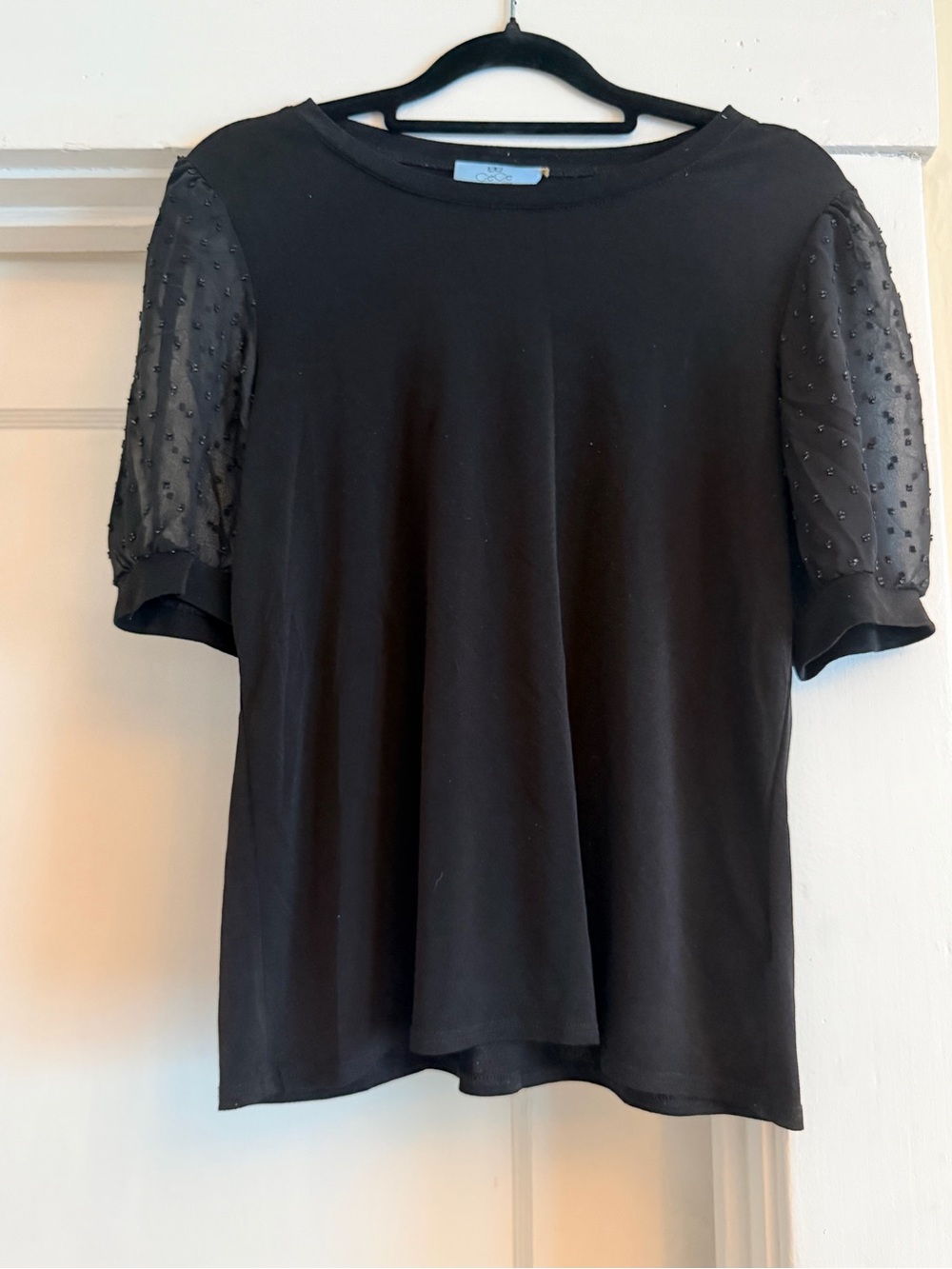 CeCe Black Short Sleeve Top with Sheer Beaded Puff Sleeves